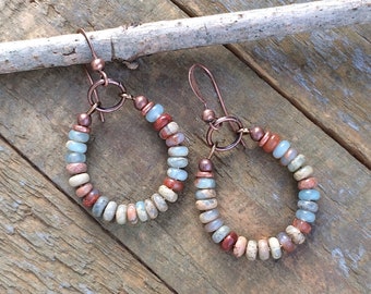 African Opal Earrings, Small Copper Hoop Earrings, Jasper Stone Jewelry, Earthy Stone Jewelry, Mothers Day Earrings, Horseshoe Earrings