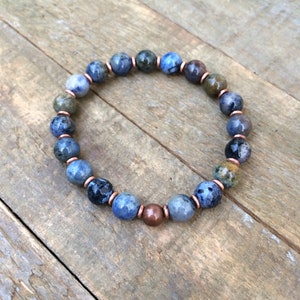 Blue Stone Bracelet, Stacking Stretch Bracelet, Blue Jewelry, Sunset Dumortierite Jewelry, Earthy Stone Bracelet