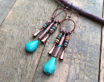 Kingman Turquoise and Copper Earrings, Boho Dangle Earrings, Copper Squash Blossom Chandelier Earrings, Cowgirl Western Turquoise Earrings