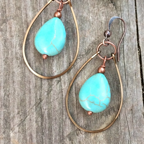 Turquoise Dangle Earrings, Turquoise Hoop Earrings, Turquoise Copper Earrings, Copper Hoop Earrings, Copper Jewelry