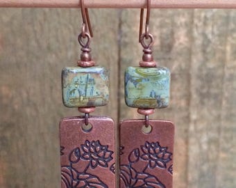 Green Lotus and Copper Dangle Earrings, Czech Glass Lotus Yoga Jewelry