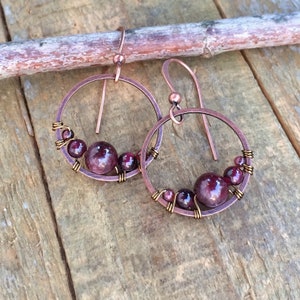 Garnet Earrings, Small Garnet Hoop Earrings, Red Garnet Jewelry, Copper Hoop Earrings, Copper Jewelry, Garnet Jewelry Set image 9
