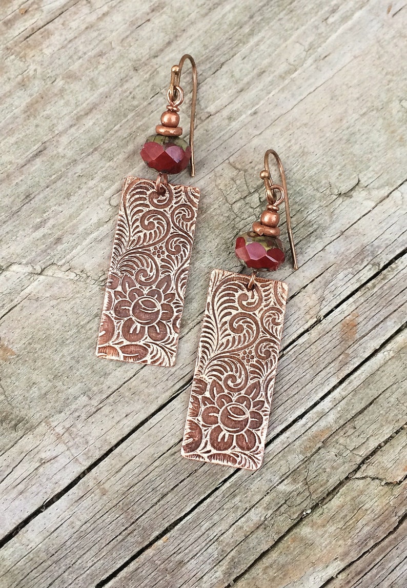 Etched Copper Earrings Copper Jewelry Earrings Floral Etsy