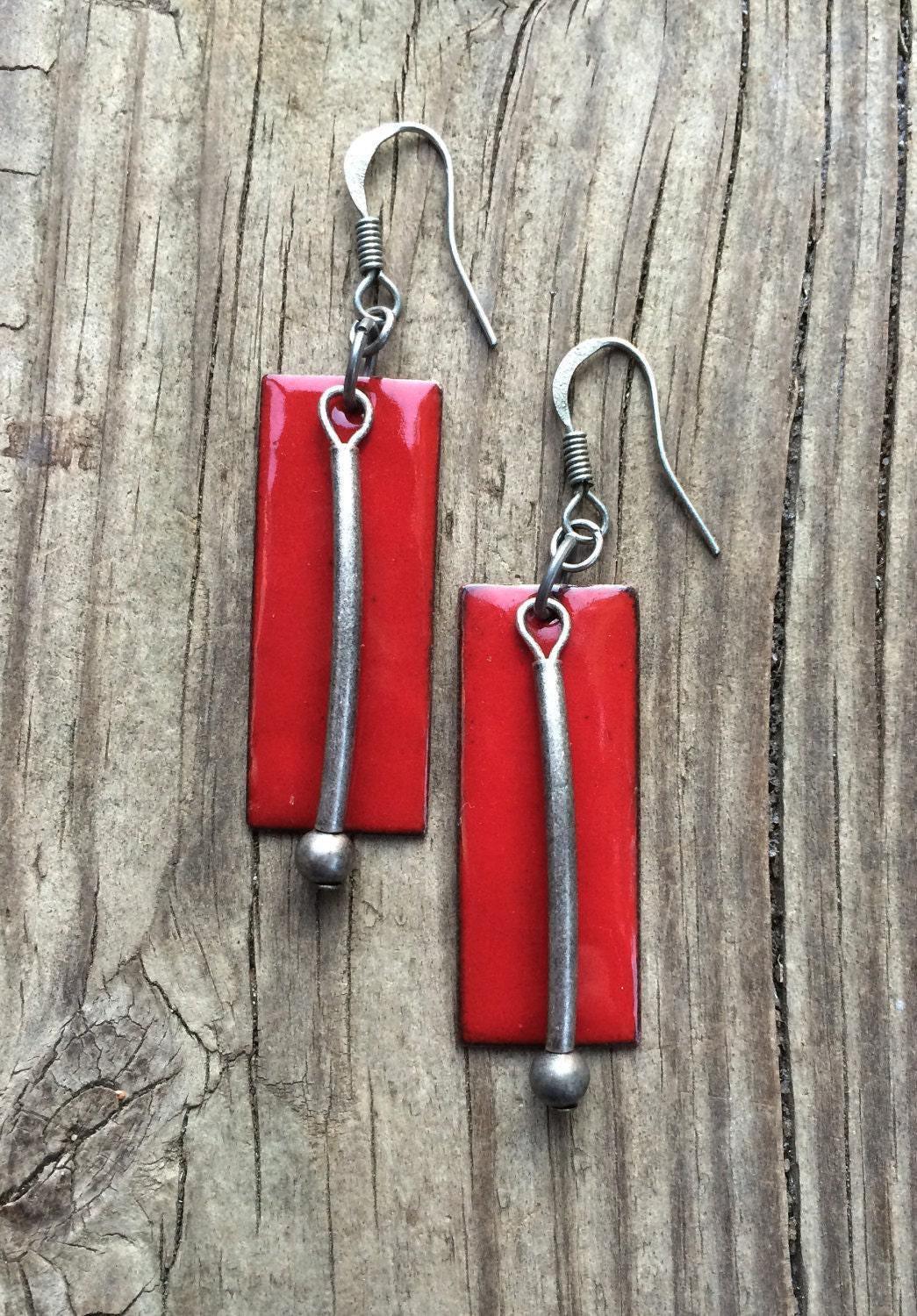 Rectangular Red Earrings Red Dangle Earrings, Red Geometric Jewelry, Copper Enamel Earrings, Red ...