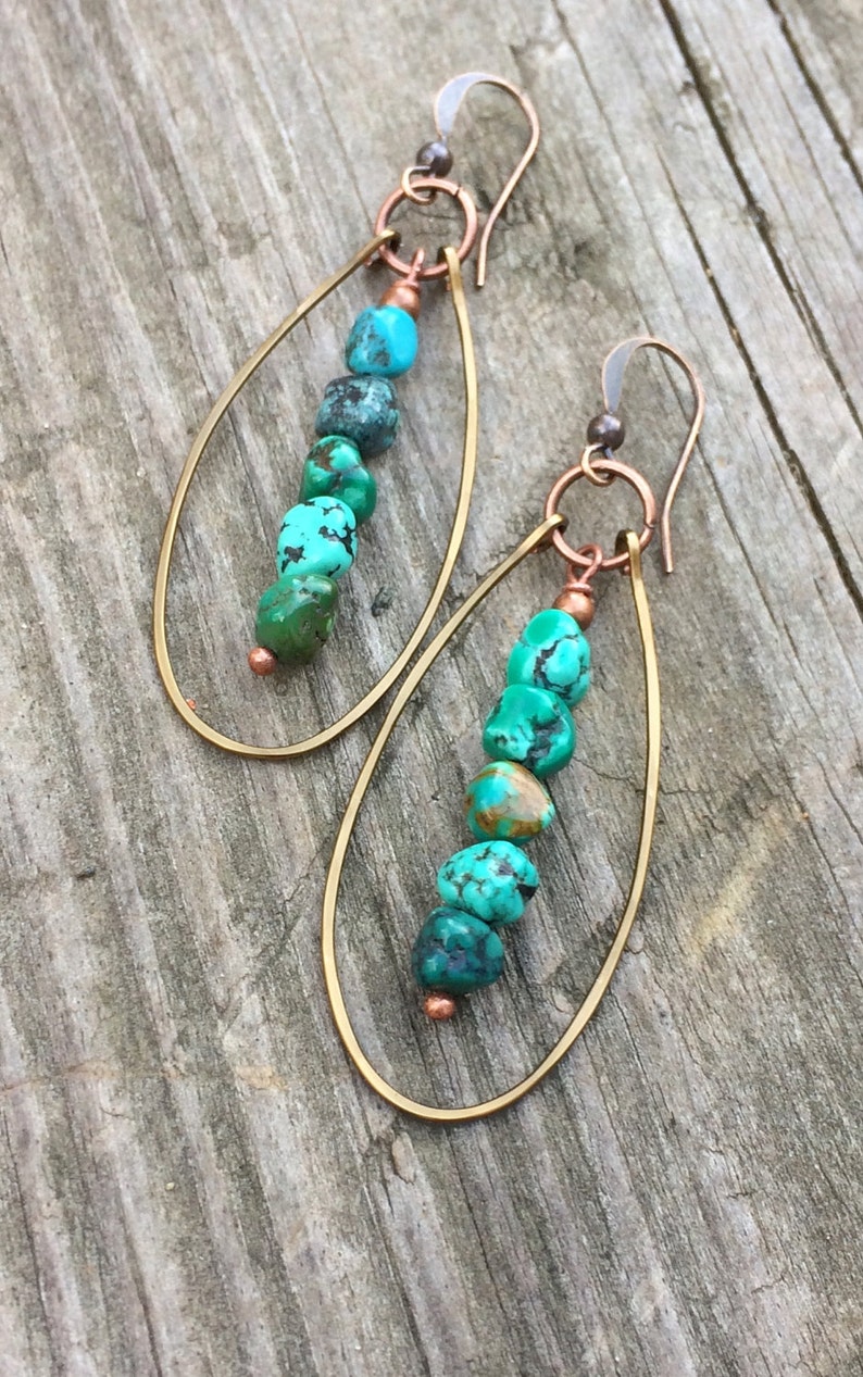 Turquoise Earrings Genuine Turquoise Jewelry Copper Hoop | Etsy