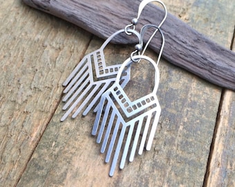 Silver Boho Dangle Earrings, Stainless Steel Lightweight Earrings, Laser Cut Silver Earrings, Everyday Earrings, Gift for Her, Gift under 30