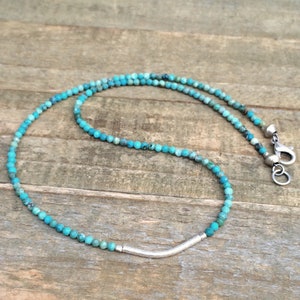 Hill Tribe Silver Turquoise Necklace, Tiny Turquoise Choker, Dainty Turquoise Necklace, Layering Necklace, Bead Necklace, Beaded Jewelry