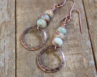 African Opal Earrings, Small Bohemian Earrings, Hammered Copper Earrings, Earthy Jewelry, Small Copper Dangle Drop Earrings