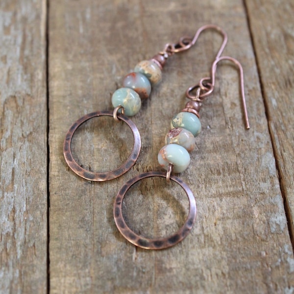 African Opal Earrings, Small Bohemian Earrings, Hammered Copper Earrings, Earthy Jewelry, Small Copper Dangle Drop Earrings
