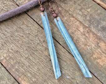 Blue Calcite Earrings, Raw Stone Earrings, Long Edgy Stone Earrings, Blue Calcite Jewelry, Earthy Jewelry, OOAK Earrings, Copper Jewelry