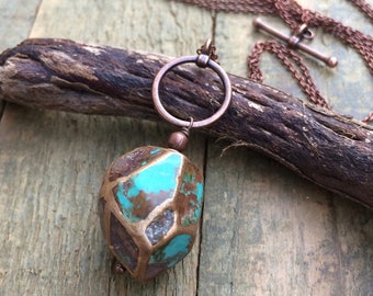 Long Turquoise Toggle Necklace, Adjustable Necklace with Turquoise Pendant, Long Copper Chain Necklace, Geometric Turquoise Pendant