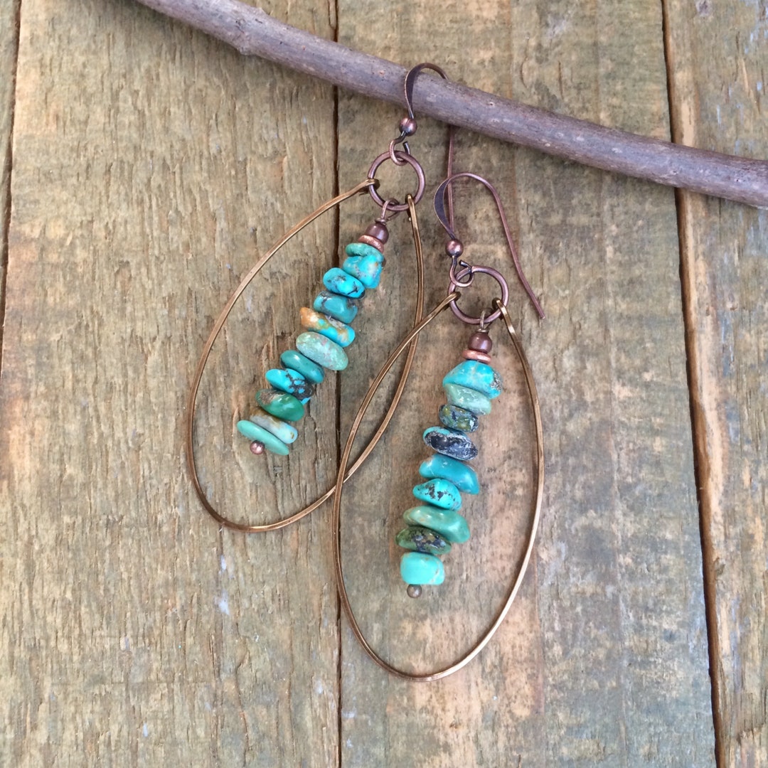 Turquoise Hoop Earrings Genuine Turquoise Jewelry Copper - Etsy