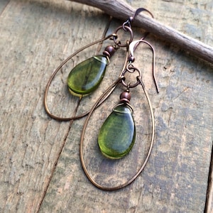 Green Czech Glass Teardrop Hoop Earrings, Hammered Dangle Copper Earrings