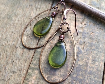 Green Czech Glass Teardrop Hoop Earrings, Hammered Dangle Copper Earrings