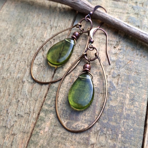 Green Czech Glass Teardrop Hoop Earrings, Hammered Dangle Copper Earrings