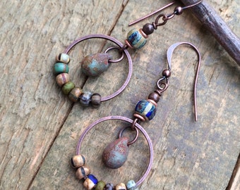 Beaded Dangle Earrings, Boho Bead Dangle Earrings, Copper Beaded Drop Earrings, Small Copper Hoop Earrings, Colorful Handmade Jewelry