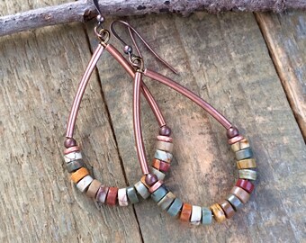 Red Creek Jasper Teardrop Earrings, Copper Teardrop Earrings, Jasper Earrings, Boho Colorful Stone Jewelry, Copper Hoop Earrings
