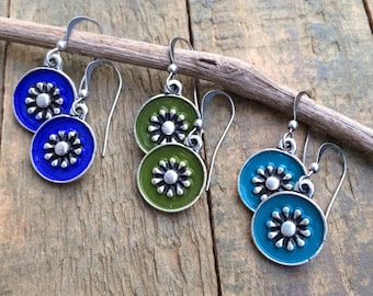 Silver Boho Colorful Dangle Earrings, Small Everyday Bohemian Jewelry
