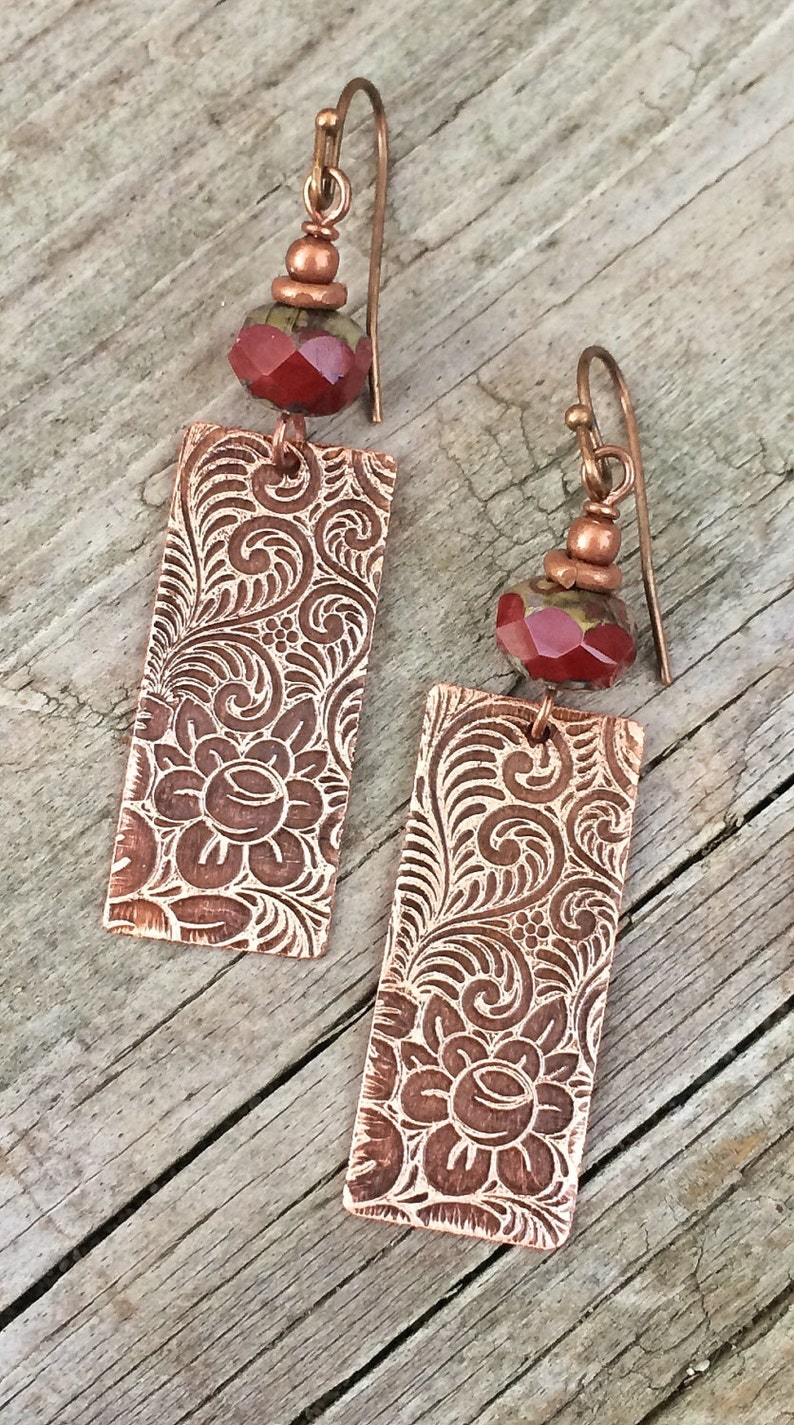 Etched Copper Earrings Copper Jewelry Earrings Floral Etsy