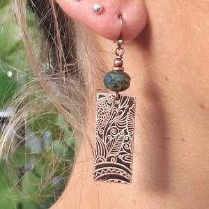 Etched Copper Earrings, Copper Jewelry, Ethnic Inspired Earrings, 7th Anniversary Gift Women, Unique Copper Jewelry, Copper Etched Jewelry image 3