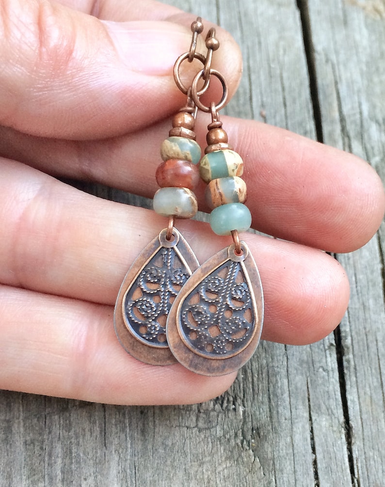 Copper Dangle Earrings Copper Teardrop Earrings African Opal Etsy