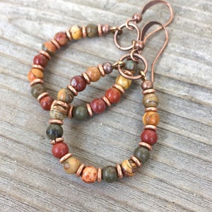 Bohemian Earrings, Jasper Boho Jewelry, Small Hoop Earrings, Copper Jewelry, Copper Earrings, Earthy Jewelry