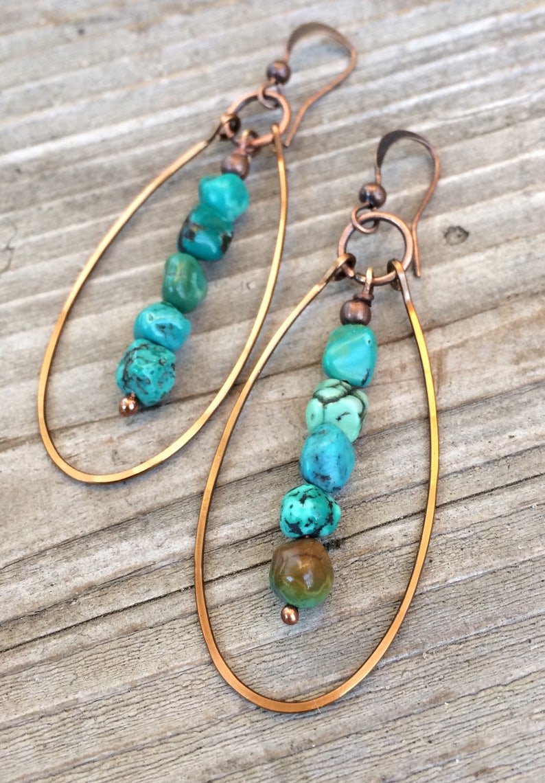 Turquoise Earrings Genuine Turquoise Jewelry Copper Hoop | Etsy