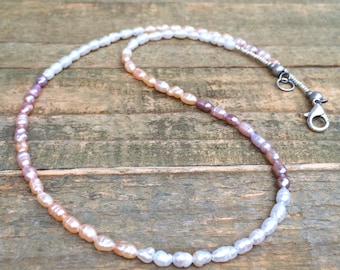 Dainty Freshwater Ombre Pearl Choker, Thin Pearl layering Necklace