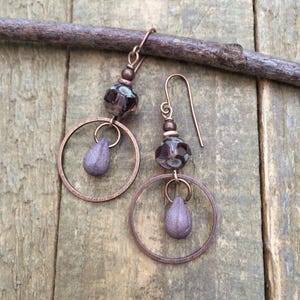 Purple Drop Earrings, Purple Glass Jewelry, Copper Dangle Earrings, Artsy Earrings, Copper Drop Earrings, Czech Glass Earrings