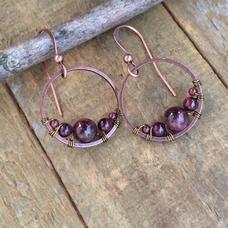 Garnet Earrings, Small Garnet Hoop Earrings, Red Garnet Jewelry, Copper Hoop Earrings, Copper Jewelry, Garnet Jewelry Set image 5