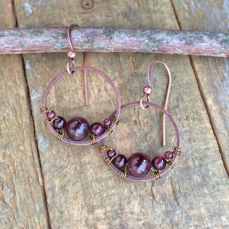 Garnet Earrings, Small Garnet Hoop Earrings, Red Garnet Jewelry, Copper Hoop Earrings, Copper Jewelry, Garnet Jewelry Set image 7