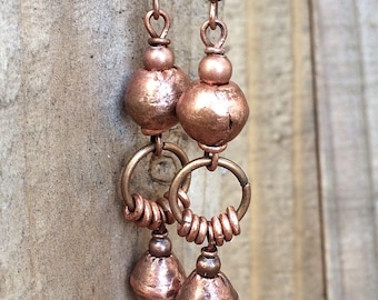 Ethnic Copper Dangle Earrings, Rustic Copper Jewelry, Bohemian Style Earrings, Copper Dangle Drop Earrings