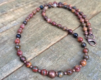 Red Creek Jasper Necklace, Small Layering Beaded Necklace, Unisex Bead Necklace,  Copper Stone Jewelry, Lightweight Beaded Jewelry