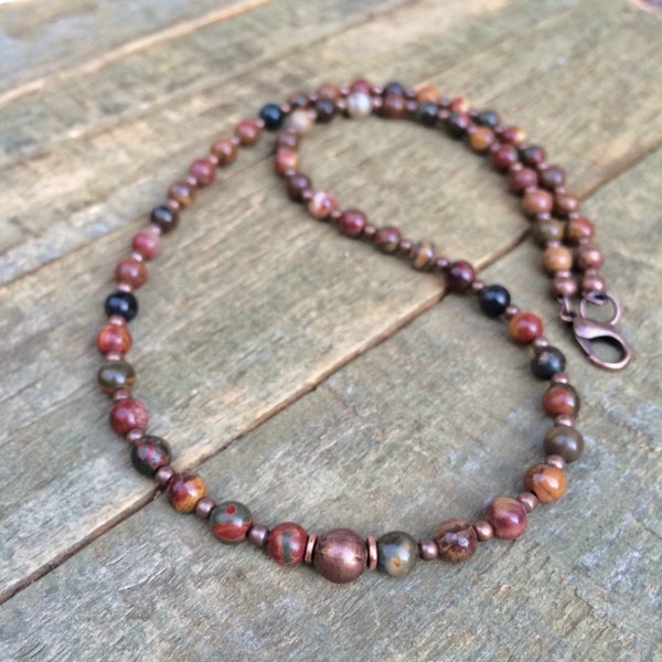 Red Creek Jasper Necklace, Small Layering Beaded Necklace, Unisex Bead Necklace,  Copper Stone Jewelry, Lightweight Beaded Jewelry