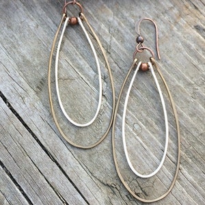 Mixed Metal Earrings, Long Hoop Earrings, Silver Copper Jewelry, Hammered Copper Hoop Earrings, Copper Gift for Women