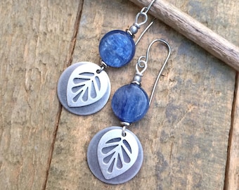 Blue Kyanite and Silver Dangle Earrings, Small Silver Leaf Jewelry