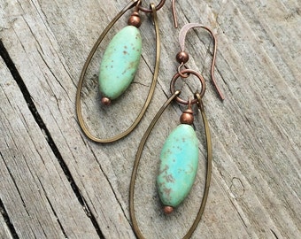 Turquoise Hoop Earrings, Copper Hoop Earrings, Green Turquoise Jewelry, Copper Jewelry, Copper Earrings, Boho Earrings, Boho Jewelry