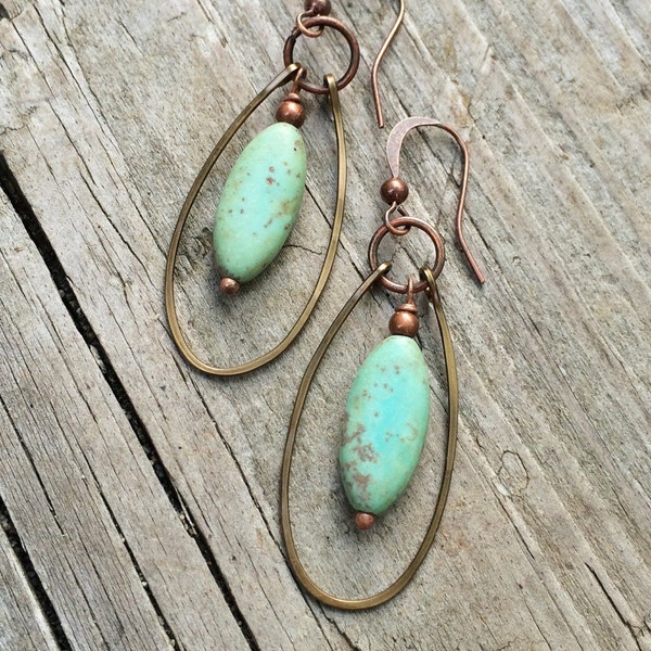 Turquoise Hoop Earrings, Copper Hoop Earrings, Green Turquoise Jewelry, Copper Jewelry, Copper Earrings, Boho Earrings, Boho Jewelry