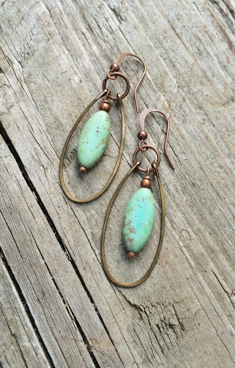 Turquoise Hoop Earrings, Copper Hoop Earrings, Green Turquoise Jewelry, Copper Jewelry, Copper Earrings, Boho Earrings, Boho Jewelry image 1