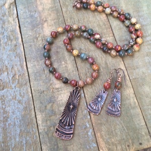 Long Boho Necklace, Colorful Stone Necklace Set, Red Creek Jasper ...
