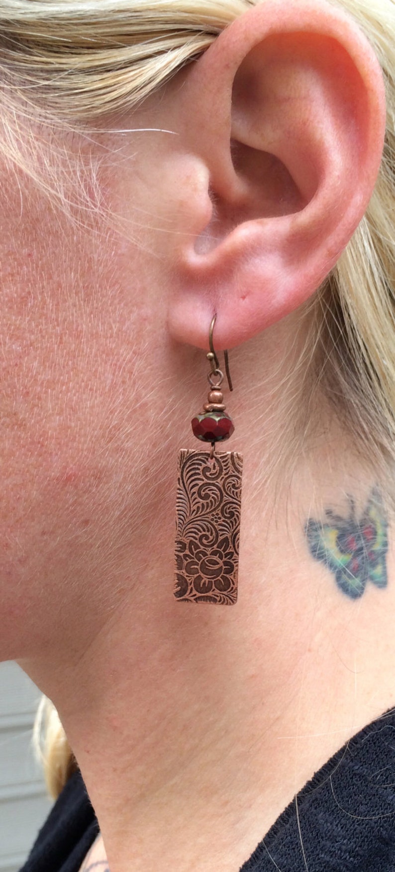 Etched Copper Earrings Copper Jewelry Earrings Floral Etsy