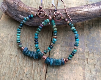 Hoop Earrings with Beads, Apatite and Chrysocolla Boho Beaded Earrings, Blue Beaded Jewelry, Colorful Hoop Jewelry, Chrysocolla Earrings