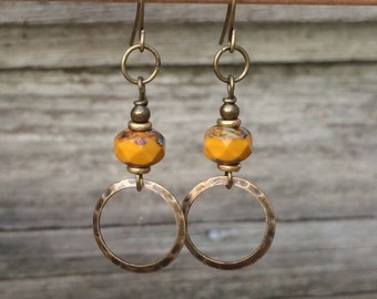 Yellow Glass Dangle Earrings, Small Lightweight Drop Earrings, Boho Glass Jewelry, Hammered Metal Earrings, Everyday Earrings