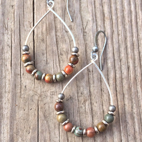 Boho Hoop Earrings, Boho Earrings Silver, Bohemian Earrings, Colorful Earrings, Stone Hoop Earrings, Silver Earrings, Silver Hoops