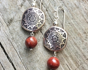 Silver Earrings, Silver Jewelry, Red Earrings, Southwestern Earrings, Red Jewelry, Silver Dangle Earrings, Silver Drop Earrings