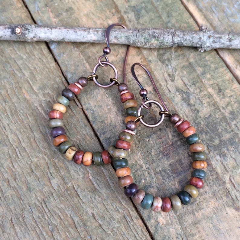 Bohemian Earrings, Jasper Boho Jewelry, Small Hoop Earrings, Copper Jewelry, Copper Earrings, Earthy Jewelry image 4