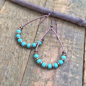 Turquoise Boho Dangle Earrings, Blue Green Turquoise Teardrop Earrings, Blue Stone Jewelry, Boho Copper Jewelry, Copper Teardrop Earrings