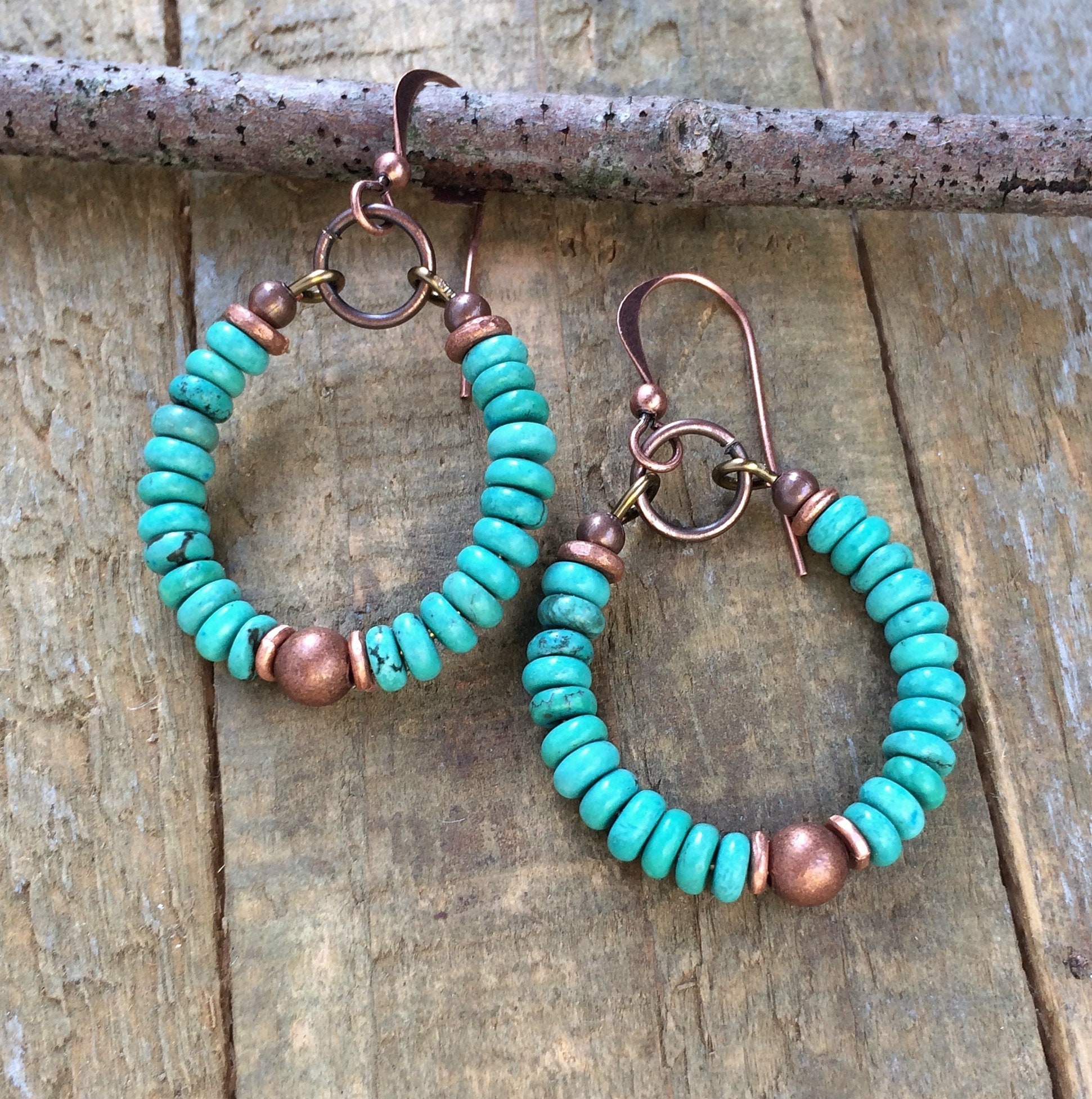 Turquoise Earrings Genuine Turquoise Hoop Earrings Copper - Etsy