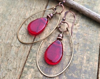 Red Czech Glass Teardrop Hoop Earrings, Hammered Dangle Copper Earrings