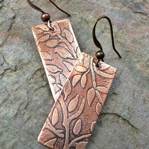 Etched Copper Autumn Leaf Dangle Earrings, Fall Style Gift